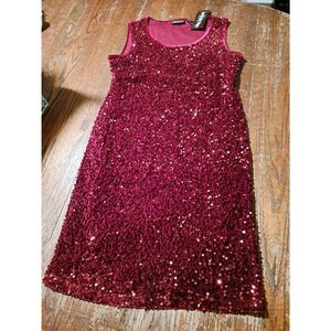 New Nina Leonard Crisp Berry Red Sequin Velvet Velour Sleeveless Dress Medium